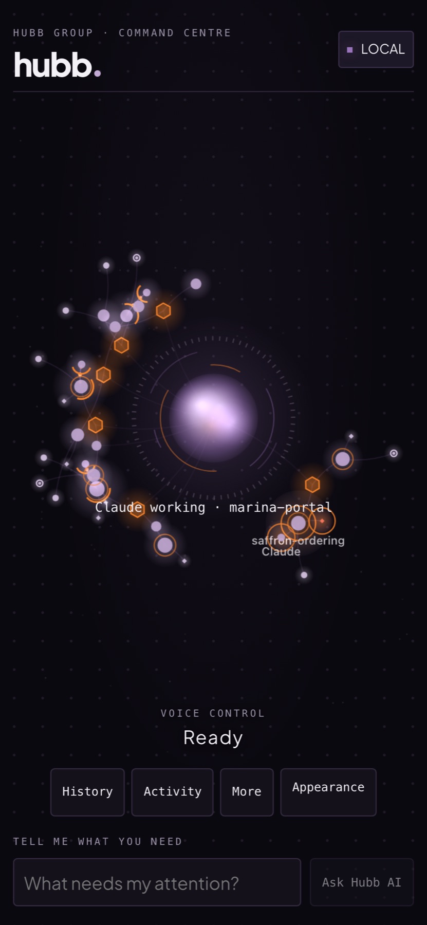The Hubb AI iPhone app: the knowledge graph around a glowing core, a Claude working status, and a box to ask Hubb AI what needs your attention